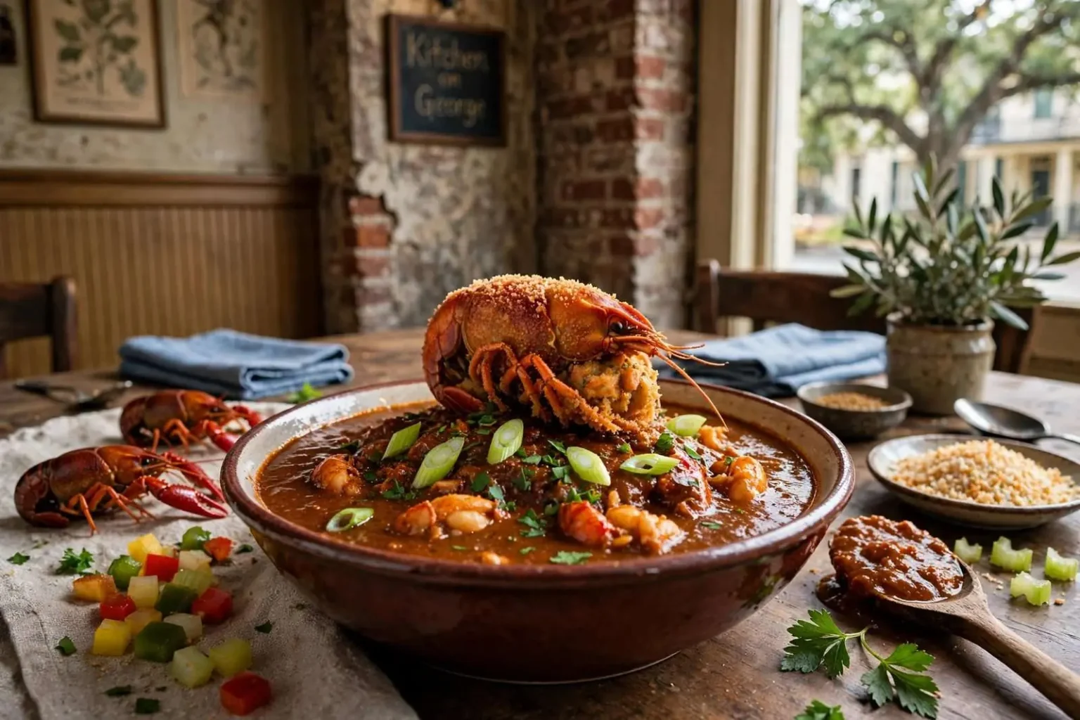 Illustration for the news story: Kitchen on George Shares Its Crawfish Bisque Recipe, Stuffed Heads and All