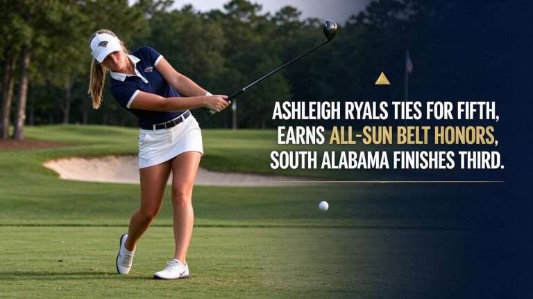 Illustration for the news story: Ashleigh Ryals Ties for Fifth, Earns All-Sun Belt Honors as South Alabama Finishes Third