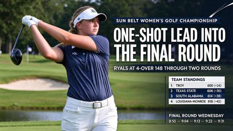 Illustration for the news story: Ashleigh Ryals Takes One-Shot Lead Into Final Round of Sun Belt Women’s Golf Championship
