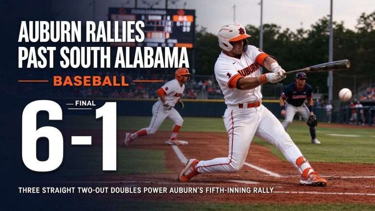 Illustration for the news story: Auburn Rallies Past South Alabama Baseball 6-1 With Three Straight Two-Out Doubles