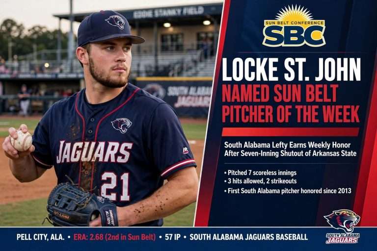 Illustration for the news story: South Alabama Lefty Locke St. John Named Sun Belt Pitcher of the Week After Shutout of Arkansas State