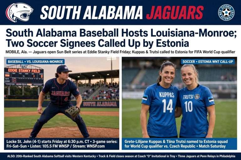 Illustration for the news story: South Alabama Baseball Hosts Louisiana-Monroe; Two Soccer Signees Called Up by Estonia