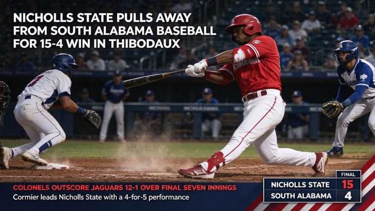 Illustration for the news story: Nicholls State Pulls Away From South Alabama Baseball for 15-4 Win in Thibodaux