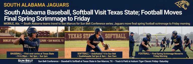 Illustration for the news story: South Alabama Baseball, Softball Visit Texas State; Football Moves Final Spring Scrimmage to Friday
