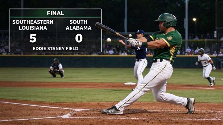 Illustration for the news story: Southeastern Louisiana Blanks South Alabama Baseball 5-0 at Eddie Stanky Field