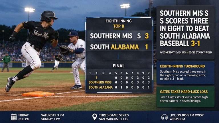 Illustration for the news story: Southern Miss Scores Three in Eighth to Beat South Alabama Baseball 3-1