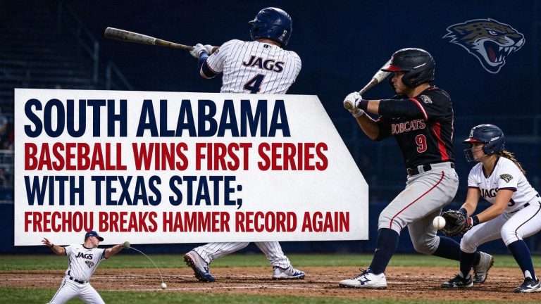 Illustration for the news story: South Alabama Baseball Wins First Series With Texas State; Frechou Breaks Hammer Record Again