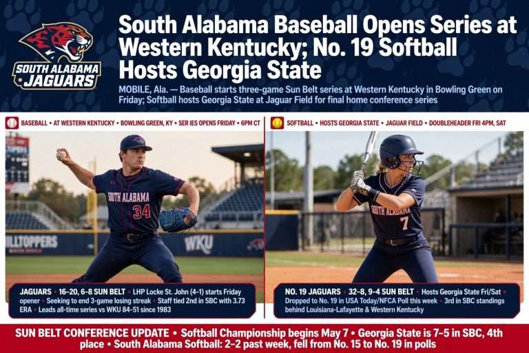Illustration for the news story: South Alabama Baseball Opens Series at Western Kentucky; No. 19 Softball Hosts Georgia State