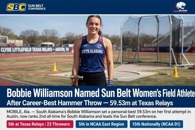 Illustration for the news story: Bobbie Williamson Named Sun Belt Women’s Field Athlete of the Week After Career-Best Hammer Throw
