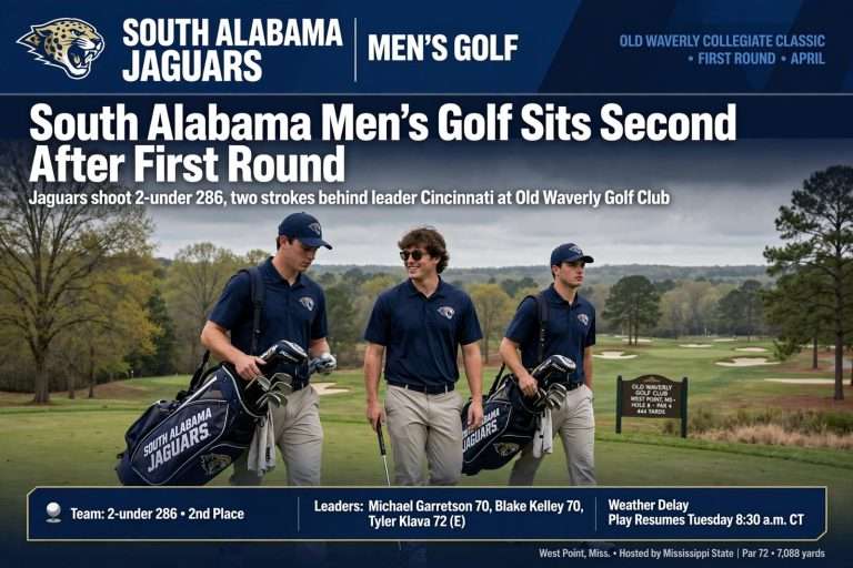 Illustration for the news story: South Alabama Men’s Golf Sits Second After First Round of Old Waverly Collegiate Classic