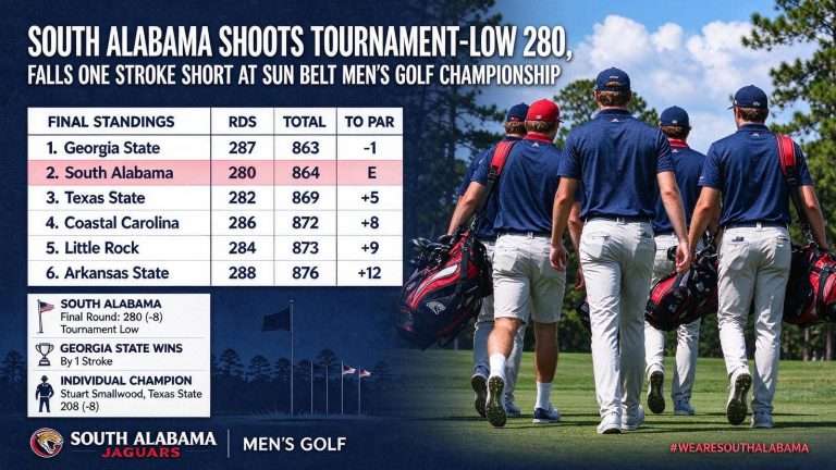 Illustration for the news story: South Alabama Shoots Tournament-Low 280, Falls One Stroke Short at Sun Belt Men’s Golf Championship