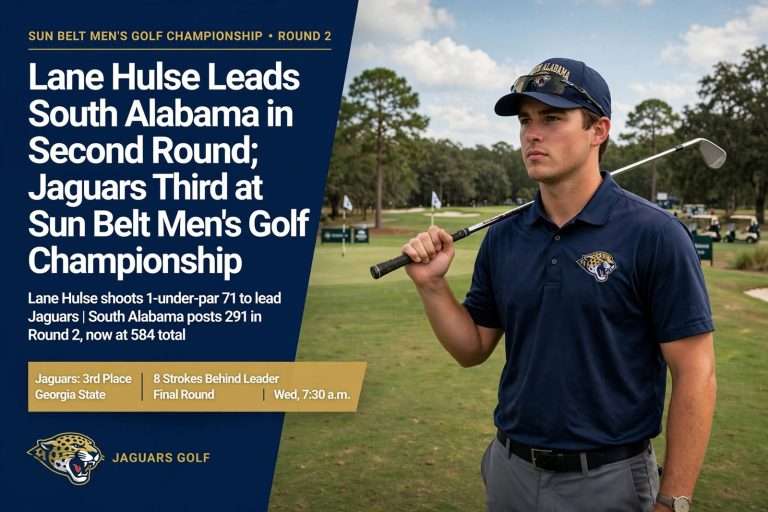Illustration for the news story: Lane Hulse Leads South Alabama in Second Round; Jaguars Third at Sun Belt Men’s Golf Championship