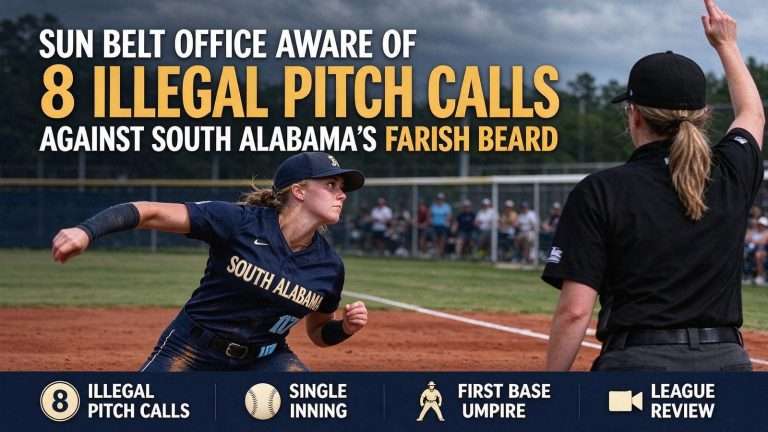 Illustration for the news story: Sun Belt Office Aware of Eight Illegal Pitch Calls Against South Alabama’s Farish Beard