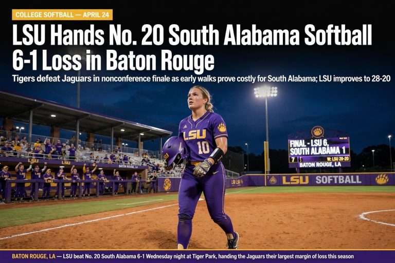 Illustration for the news story: LSU Hands No. 20 South Alabama Softball 6-1 Loss in Baton Rouge