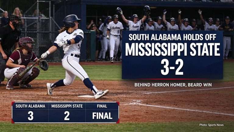 Illustration for the news story: South Alabama Softball Holds Off Mississippi State 3-2 Behind Herron Homer, Beard Win