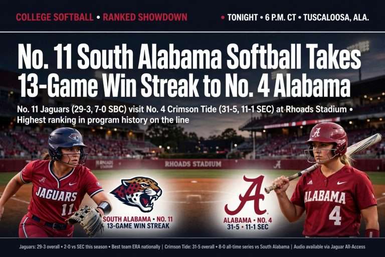 Illustration for the news story: No. 11 South Alabama Softball Takes 13-Game Win Streak to No. 4 Alabama