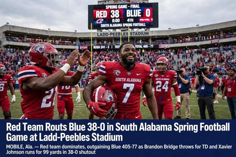 Illustration for the news story: Red Team Routs Blue 38-0 in South Alabama Spring Football Game at Ladd-Peebles Stadium