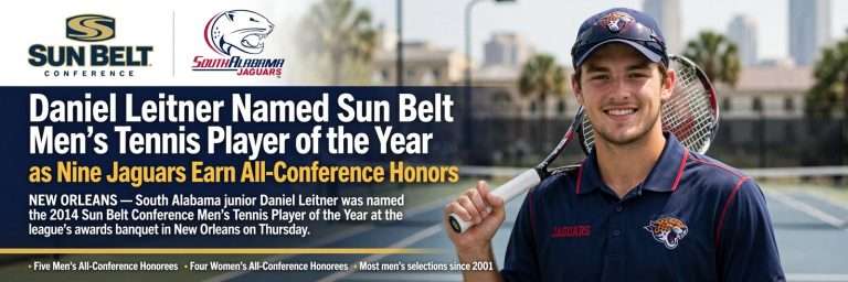 Illustration for the news story: Daniel Leitner Named Sun Belt Men’s Tennis Player of the Year as Nine Jaguars Earn All-Conference Honors