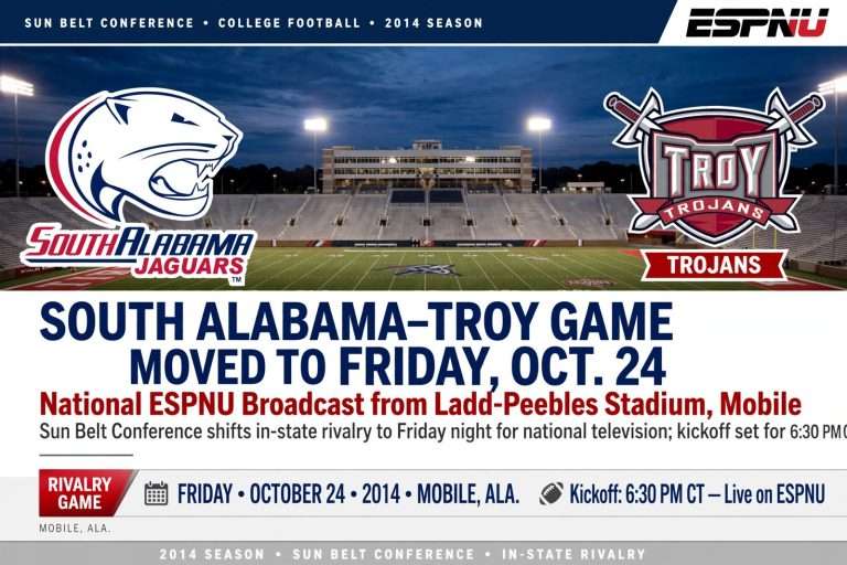 Illustration for the news story: South Alabama-Troy Football Game Moved to Friday, Oct. 24, for National ESPNU Broadcast