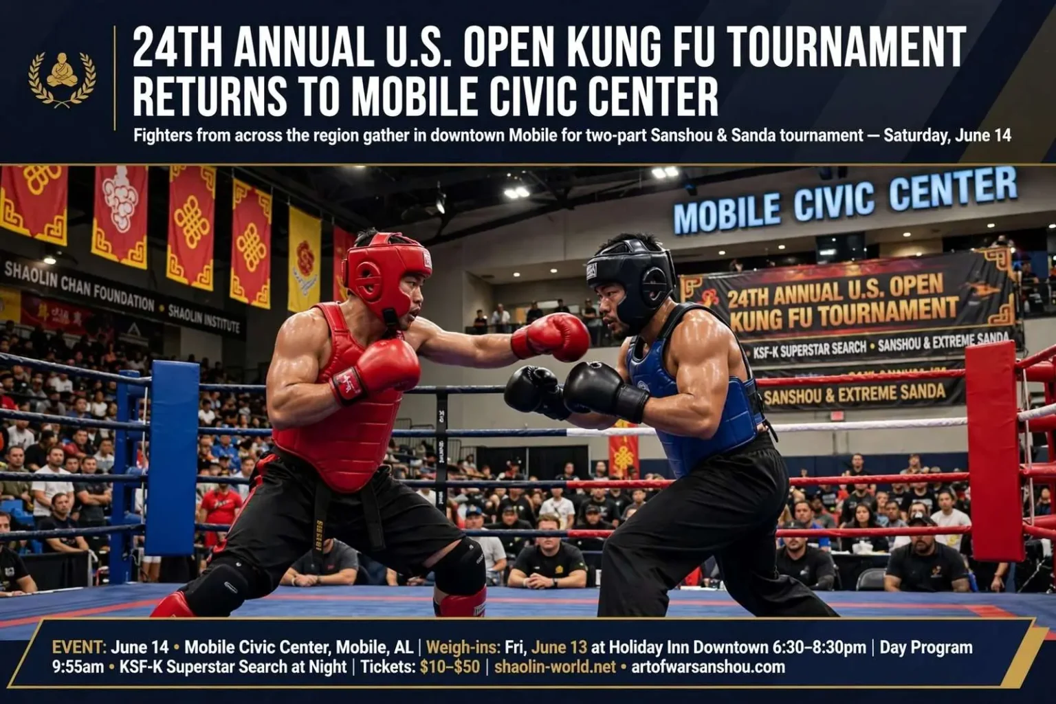 Illustration for the news story: 24th Annual U.S. Open Kung Fu Tournament Returns to Mobile Civic Center