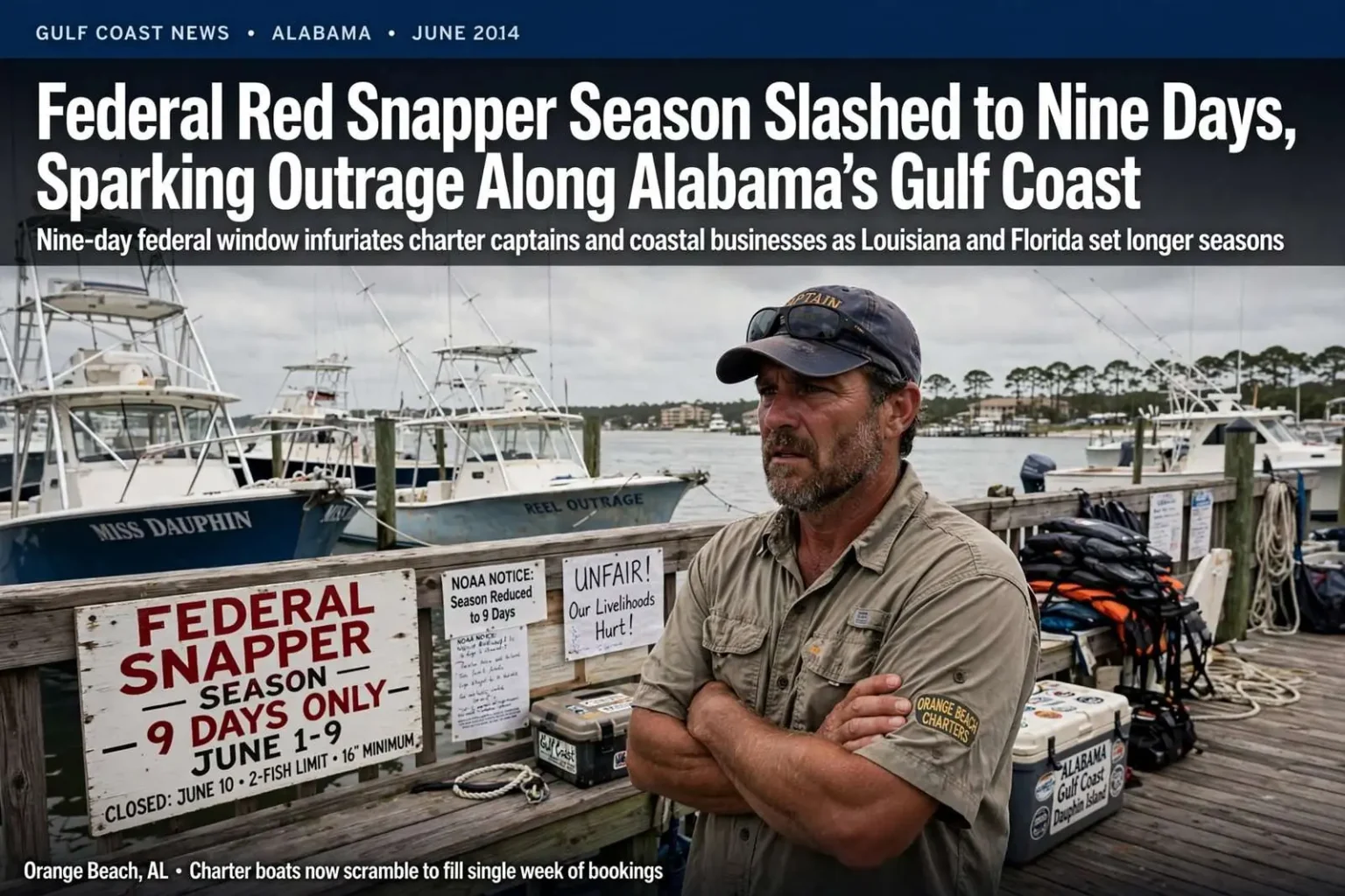 Illustration for the news story: Federal Red Snapper Season Slashed to Nine Days, Sparking Outrage Along Alabama’s Gulf Coast