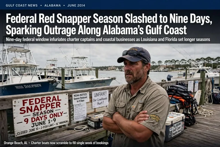 Illustration for the news story: Federal Red Snapper Season Slashed to Nine Days, Sparking Outrage Along Alabama’s Gulf Coast