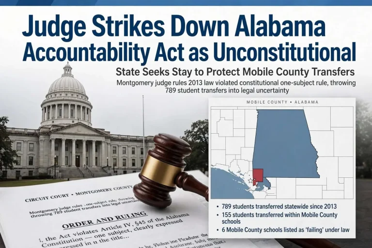 Illustration for the news story: Judge Strikes Down Alabama Accountability Act as Unconstitutional; State Seeks Stay to Protect Mobile County Transfers