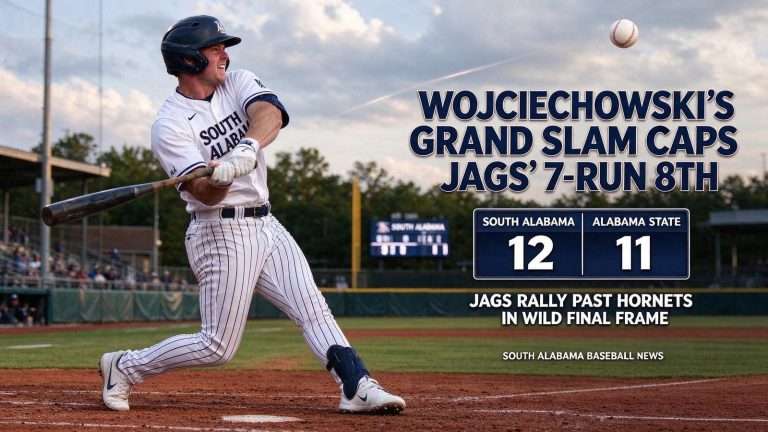 Illustration for the news story: Matt Wojciechowski Grand Slam Caps Seven-Run Eighth as South Alabama Rallies Past Alabama State 12-11