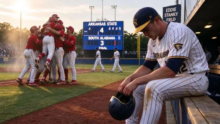 Illustration for the news story: South Alabama Baseball Eliminated From Sun Belt Tournament in 4-3 Loss to Arkansas State