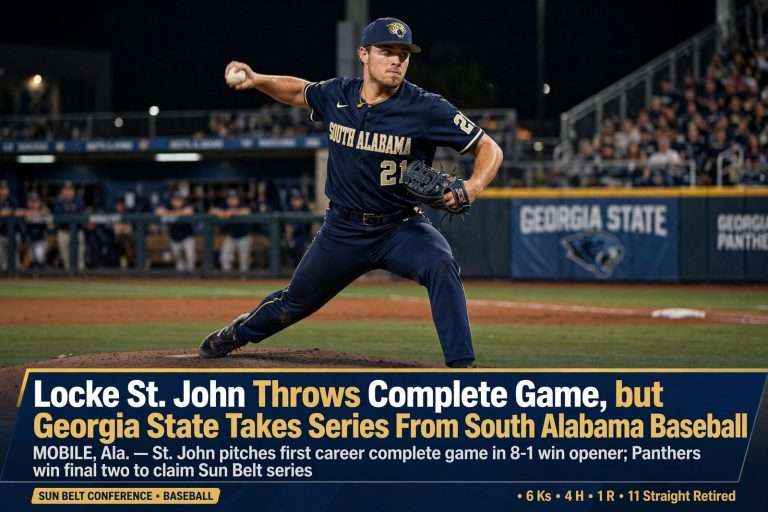 Illustration for the news story: Locke St. John Throws Complete Game, but Georgia State Takes Series From South Alabama Baseball