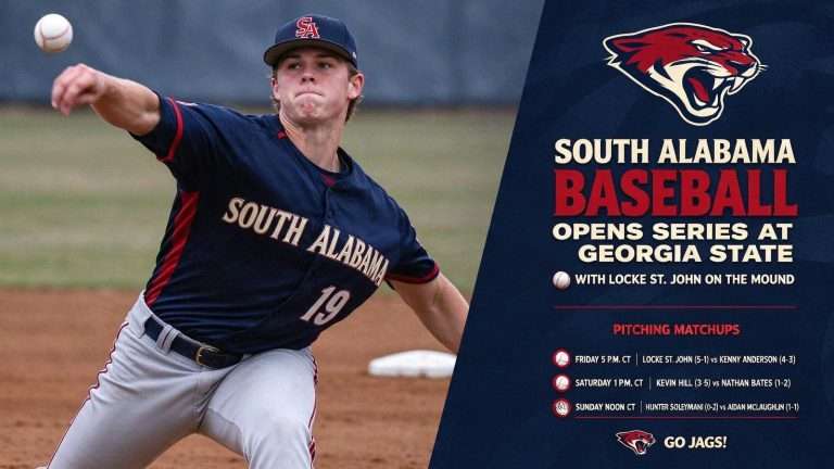 Illustration for the news story: South Alabama Baseball Opens Series at Georgia State With Locke St. John on the Mound