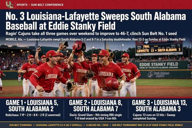 Illustration for the news story: No. 3 Louisiana-Lafayette Sweeps South Alabama Baseball at Eddie Stanky Field