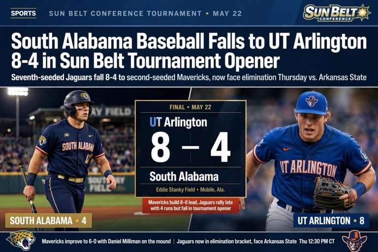 Illustration for the news story: South Alabama Baseball Falls to UT Arlington 8-4 in Sun Belt Tournament Opener