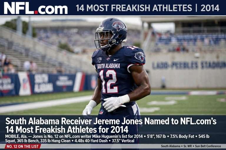 Illustration for the news story: South Alabama Receiver Jereme Jones Named to NFL.com’s 14 Most Freakish Athletes for 2014