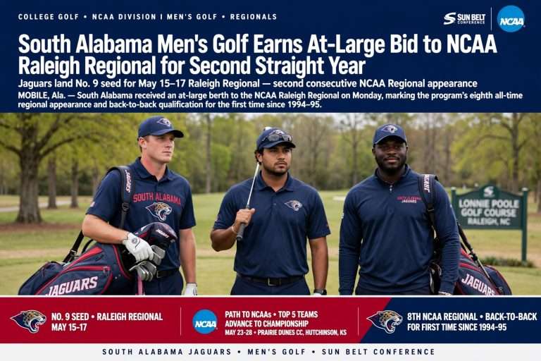 Illustration for the news story: South Alabama Men’s Golf Earns At-Large Bid to NCAA Raleigh Regional for Second Straight Year