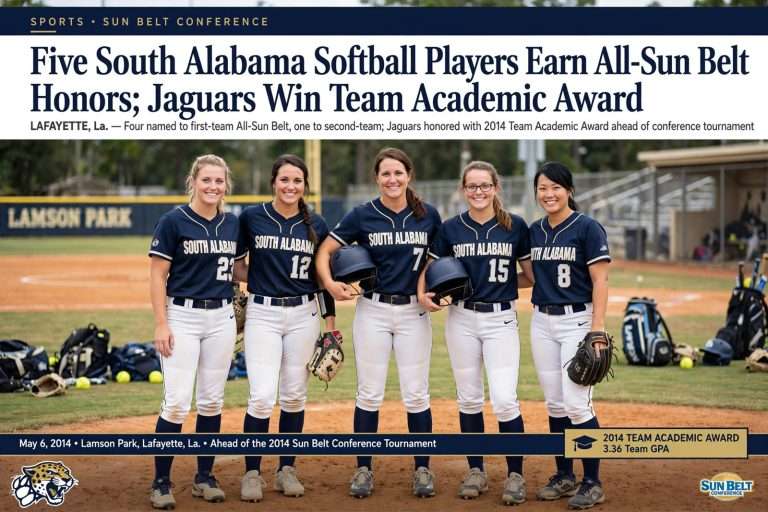 Illustration for the news story: Five South Alabama Softball Players Earn All-Sun Belt Honors; Jaguars Win Team Academic Award