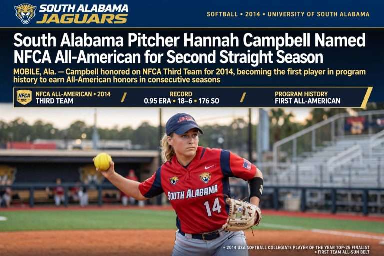 Illustration for the news story: South Alabama Pitcher Hannah Campbell Named NFCA All-American for Second Straight Season