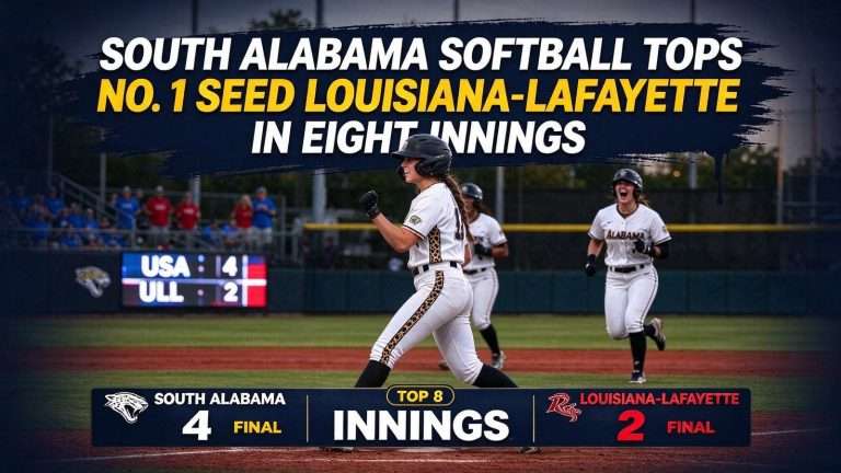 Illustration for the news story: South Alabama Softball Tops No. 1 Seed Louisiana-Lafayette in Eight Innings to Reach Sun Belt Final