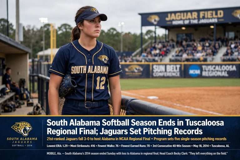 Illustration for the news story: South Alabama Softball Season Ends in Tuscaloosa Regional Final; Jaguars Set Pitching Records