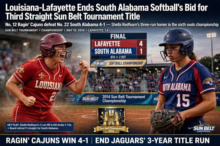Illustration for the news story: Louisiana-Lafayette Ends South Alabama Softball’s Bid for Third Straight Sun Belt Tournament Title