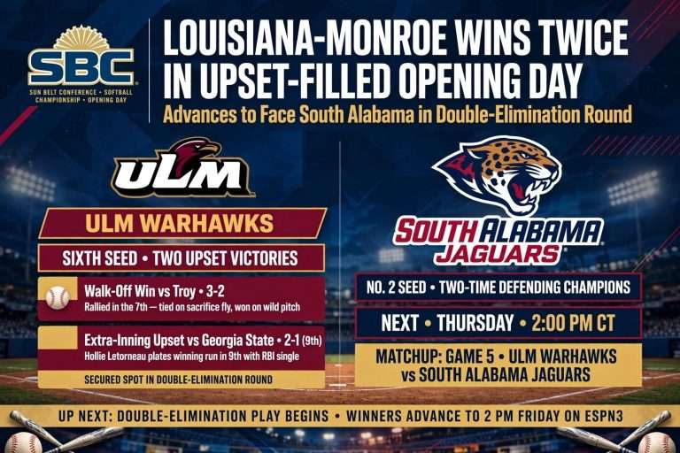 Illustration for the news story: Louisiana-Monroe Wins Twice in Upset-Filled Opening Day, Advances to Face South Alabama