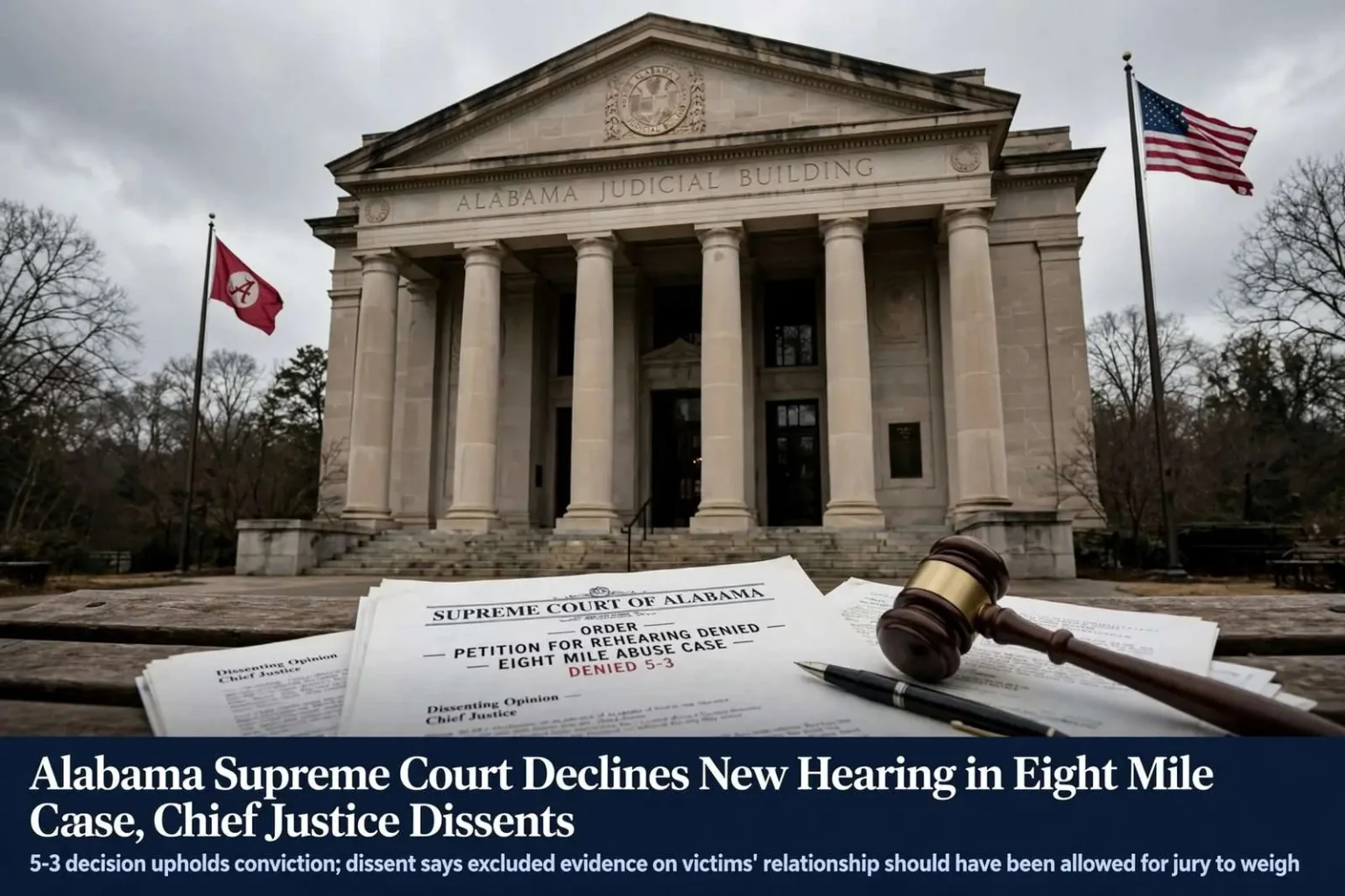 Illustration for the news story: Alabama Supreme Court Declines New Hearing in Eight Mile Abuse Case, Chief Justice Dissents
