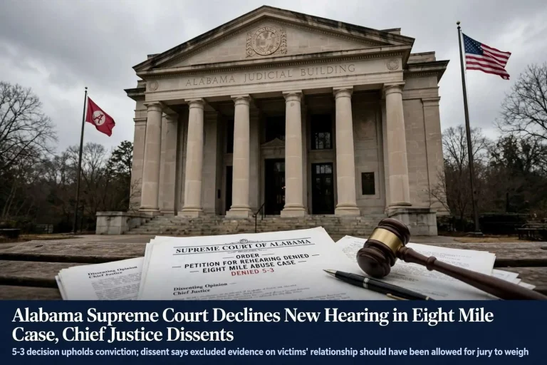 Illustration for the news story: Alabama Supreme Court Declines New Hearing in Eight Mile Abuse Case, Chief Justice Dissents