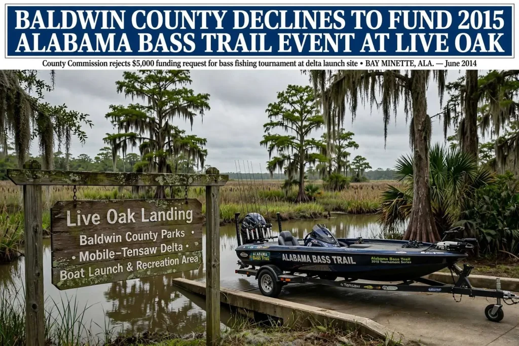 Illustration for the news story: Baldwin County Declines to Fund 2015 Alabama Bass Trail Event at Live Oak