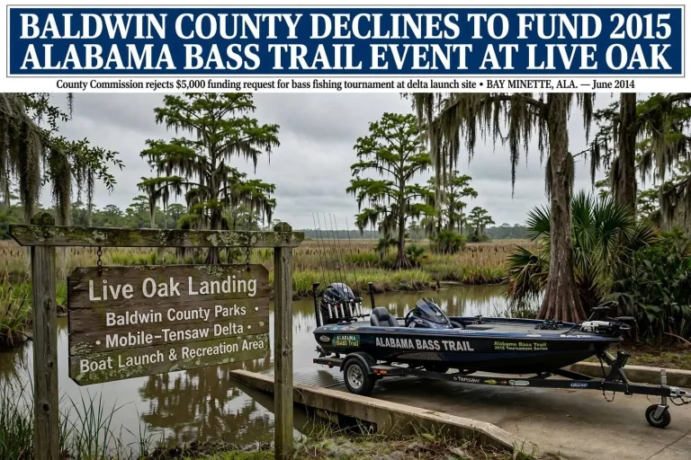 Illustration for the news story: Baldwin County Declines to Fund 2015 Alabama Bass Trail Event at Live Oak