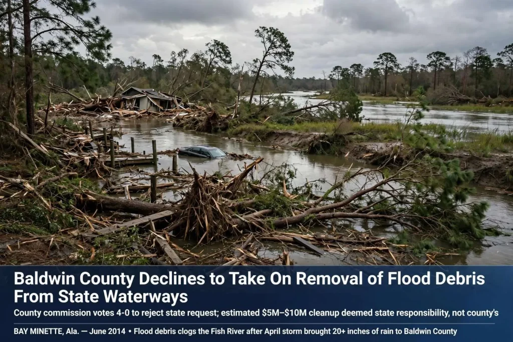 Illustration for the news story: Baldwin County Declines to Take On Removal of Flood Debris From State Waterways