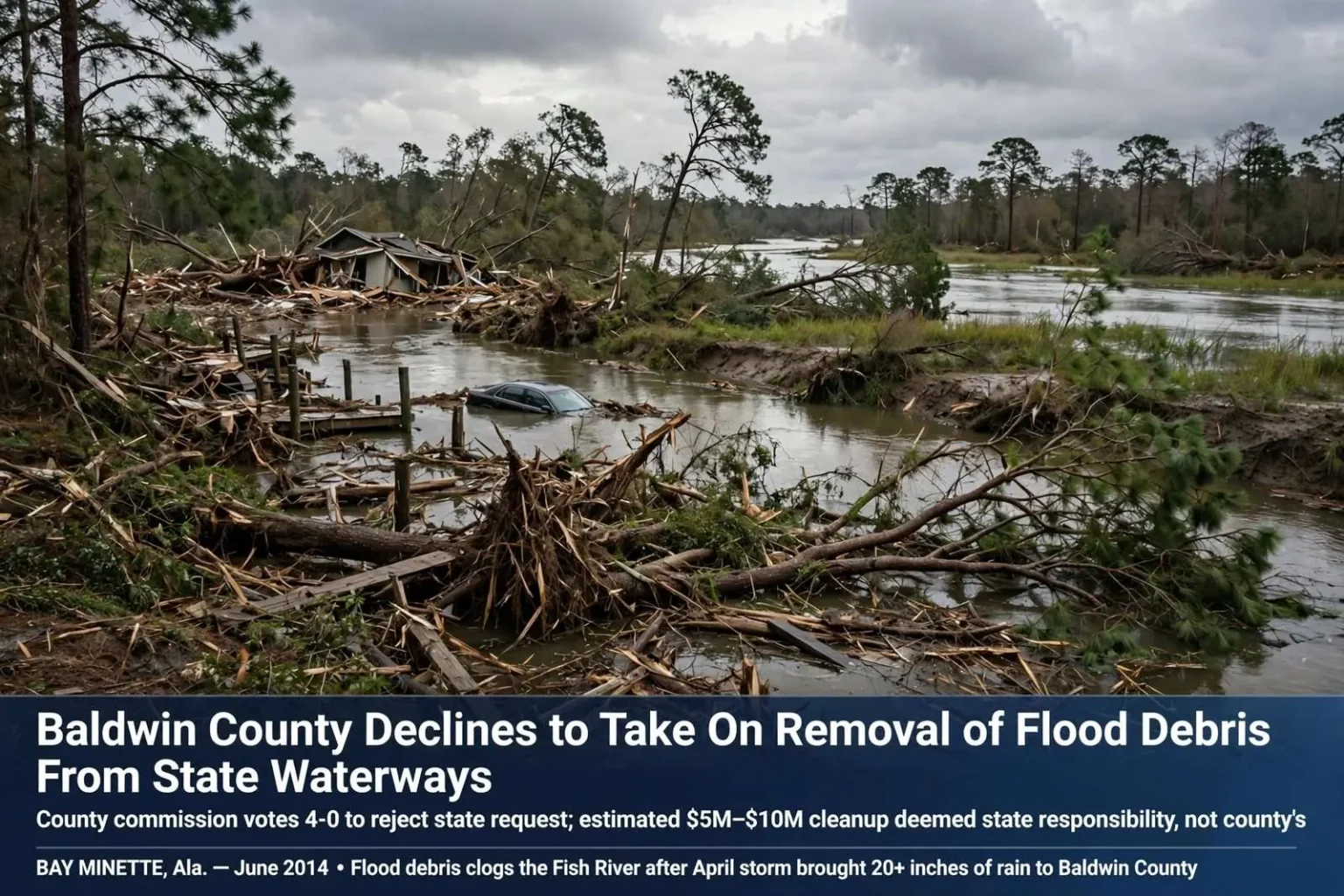 Illustration for the news story: Baldwin County Declines to Take On Removal of Flood Debris From State Waterways