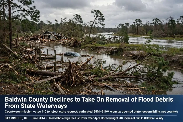 Illustration for the news story: Baldwin County Declines to Take On Removal of Flood Debris From State Waterways