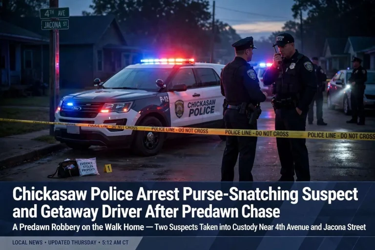 Illustration for the news story: Chickasaw Police Arrest Purse-Snatching Suspect and Getaway Driver After Predawn Chase