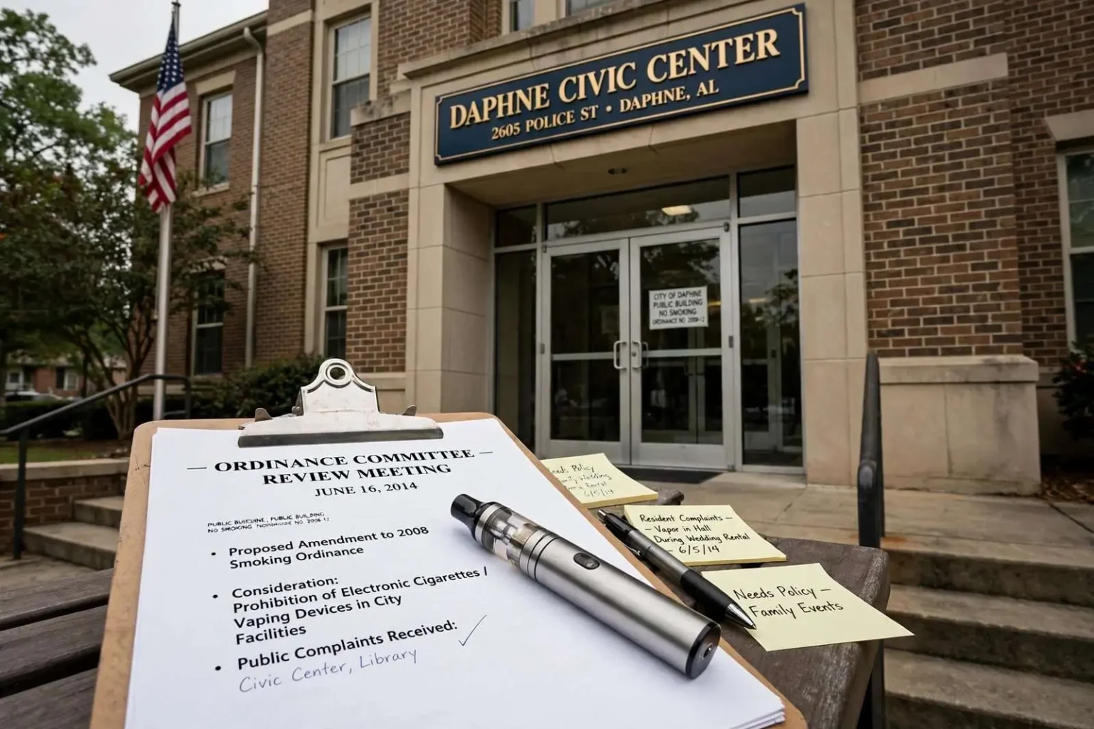 Illustration for the news story: Daphne Weighs Ban on E-Cigarettes in Some City Buildings After Complaints